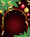 Christmas and New Year vector background with sparkle shining arch, fir tree branches, stars and holiday ribbons Royalty Free Stock Photo