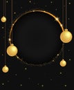 Christmas and New Year vector background with sparkle shining round banner, holiday hanging balls and dust