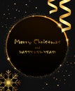 Christmas and New Year vector background with sparkle shining round banner, holiday ribbons and snowflakes