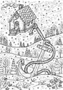 Christmas and New Year vector illustration with big anchor holding little house in winter storm. Greeting card background. Black