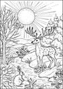 Christmas and New Year vector illustration with deer and rabbit in winter forest in sunny day. Greeting card background. Black and Royalty Free Stock Photo