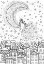 Christmas and New Year vector illustration with moon and gnome or dwarf dropping stars over beautiful houses or town at night.