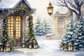 Christmas and New Year watercolor background. Winter landscape with a Christmas tree, lanterns and houses.