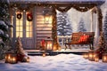 Christmas and New Year watercolor background. Winter landscape with a Christmas tree, lanterns and houses.