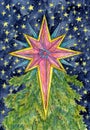 Christmas and New Year watercolor illustration with big star decoration on the top of conifer tree against starry night sky. Royalty Free Stock Photo