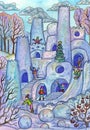 Christmas and New Year watercolor illustration with children building big castle of snow and playing in winter garden. Seasonal