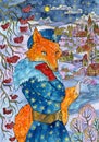 Christmas and New Year watercolor illustration with cunning beautiful fox wearing warm coat standing by tree against village