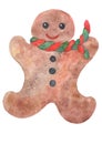 Christmas new year watercolor drawing of a gingerbread man with a bow