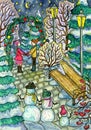 Christmas and New Year watercolor illustration with loving couple, snowman, lanterns and bench in beautiful winter garden .