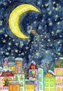 Christmas and New Year watercolor illustration with moon and gnome or dwarf dropping stars over beautiful houses or town at night