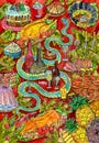 Christmas and New Year watercolor illustration with snake among delicious dishes