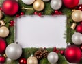 Christmas and New Year white background with empty space for text framed fir branches and Christmas tree balls. Royalty Free Stock Photo