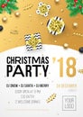 Christmas, New Year winter holiday party celebration poster or invitation flyer design template of golden glittering Xmas decorati