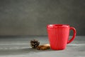 Christmas or New Year winter holidays hot drink in a red cup Royalty Free Stock Photo