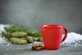 Christmas or New Year winter holidays hot drink in a red cup Royalty Free Stock Photo