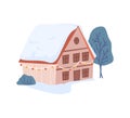 Winter Christmas cottage house and snow, fur trees, chalet