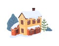 Winter Christmas cottage house and snow, fur trees, chalet