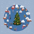 Christmas and New year winter village rural landscape with christmas tree people poster background. Vector illustration Royalty Free Stock Photo