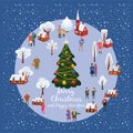 Christmas and New year winter village rural landscape with christmas tree people poster background. Vector illustration Royalty Free Stock Photo