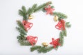 Christmas or New Year wreath composition. Decorations, stars, bells, fir and spruce branches, on white background. Top view, copy Royalty Free Stock Photo