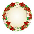 Christmas and New Year wreath  decoration red and white poinsettia spruce tree branches and golden snowflakes vintage vector Royalty Free Stock Photo