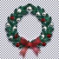 Christmas, New Year. Christmas wreath with shadow of blue fir. Red bow, silver and red balls on a checkered background
