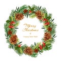 Christmas and New Year wreath with spruce branches, pine cones, red berries and anise stars. Holiday greeting card.