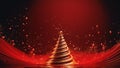 Christmas New Years background with swirly spiral Christmas tree on red background. Golden glitter garland lights