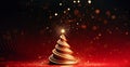 Christmas New Years background with swirly spiral Christmas tree on red background. Golden glitter garland lights