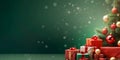 Christmas New Years banner with decorated tree and wrapped gift boxes on dark green background. Template with copy space Royalty Free Stock Photo