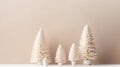 Christmas New Years banner fluffy white Christmas trees on pastel background. Minimalist decoration of home interior