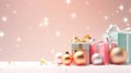 Christmas New Years banner with gift boxes tied with silk ribbon colorful ornaments sparkling gold garland lights Royalty Free Stock Photo