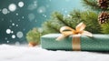 Christmas New Years banner with wrapped gift boxes green fir tree branches snow on blue background