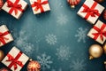 Christmas New Years banner with wrapped gift boxes red golden ornaments on dark blue background. Template with copy space Royalty Free Stock Photo