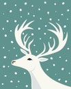 Christmas New Years card with white deer falling snow on teal background. Vintage farmhouse style