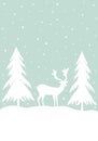 Christmas New Years card with white silhouettes of deer pines trees on blue sky background with falling snow