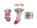 Christmas and New Years decorations set. Watercolor hand drawn mitten and sock with holly berries, pine cones, tree branches, gift Royalty Free Stock Photo