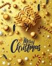 Christmas and New Years Golden Poster with golden gift box,ribbon and christmas decoration elements for Retail,Shopping or Royalty Free Stock Photo