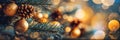 Christmas New Years greeting banner card green fir tree branches golden ornament balls glittering garland lights Royalty Free Stock Photo
