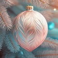 Christmas New Years greeting card banner with blue and pink ornaments balls hanging on fir tree branches. Template with copy space Royalty Free Stock Photo