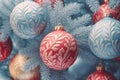 Christmas New Years greeting card banner with blue and pink ornaments balls hanging on fir tree branches. Template with copy space Royalty Free Stock Photo