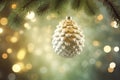 Christmas New Years greeting card banner with pine cone ornament hanging on fir tree branch. Garland lights. Template with copy Royalty Free Stock Photo