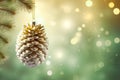 Christmas New Years greeting card banner with pine cone ornament hanging on fir tree branch. Garland lights. Template Royalty Free Stock Photo