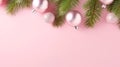 Christmas New Years greeting card banner with silver and pink ornament balls green fir tree branches on pastel background. Royalty Free Stock Photo