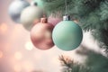 Christmas New Years greeting card banner with turquoise and pink ornaments balls hanging on fir tree branches Royalty Free Stock Photo