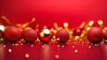 Christmas New Years greeting card long banner with red golden, ornaments balls garland on dark crimson background Royalty Free Stock Photo