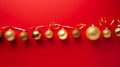 Christmas New Years greeting card long banner with red golden, ornaments balls garland on dark crimson background Royalty Free Stock Photo