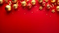 Christmas New Years greeting card long banner with red golden, ornaments balls garland on dark crimson background Royalty Free Stock Photo