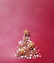 Christmas and New Years red background with Christmas Tree made of golden and wooden stars. Royalty Free Stock Photo