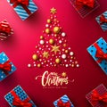 Christmas and New Years Red Poster with gift box and christmas decoration elements for Retail, Shopping or Christmas Promotion in Royalty Free Stock Photo